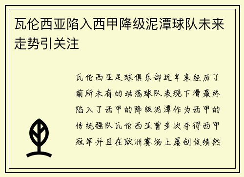 瓦伦西亚陷入西甲降级泥潭球队未来走势引关注