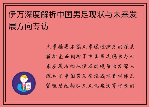伊万深度解析中国男足现状与未来发展方向专访