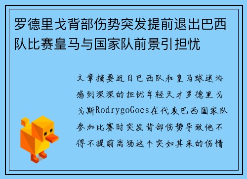 罗德里戈背部伤势突发提前退出巴西队比赛皇马与国家队前景引担忧